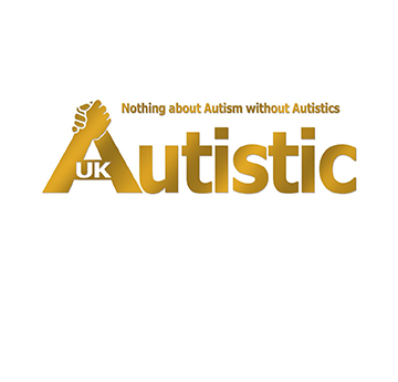 Logo Autistic UK mewn aur gyda chlasping dwylo ar gefndir gwyn