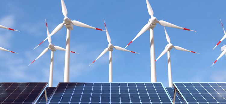 Solar panel and Wind Turbines with blue sky background