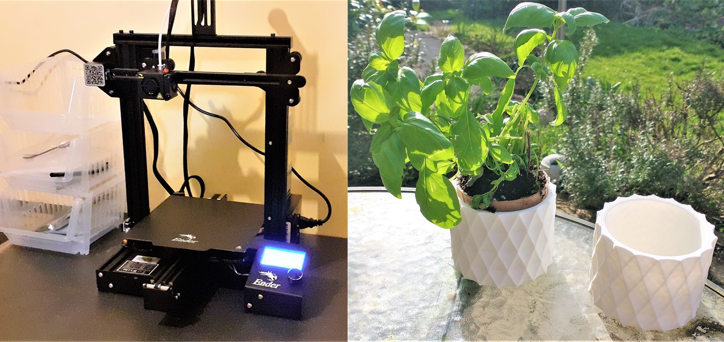 3D printer at home, with plant pots manufactured using it