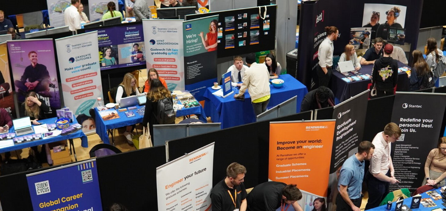 Some of the stalls at this year's Swansea University Careers Fair.