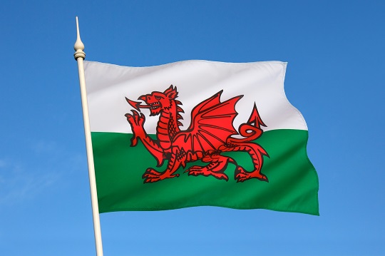 Welsh flag flying in a blue sky