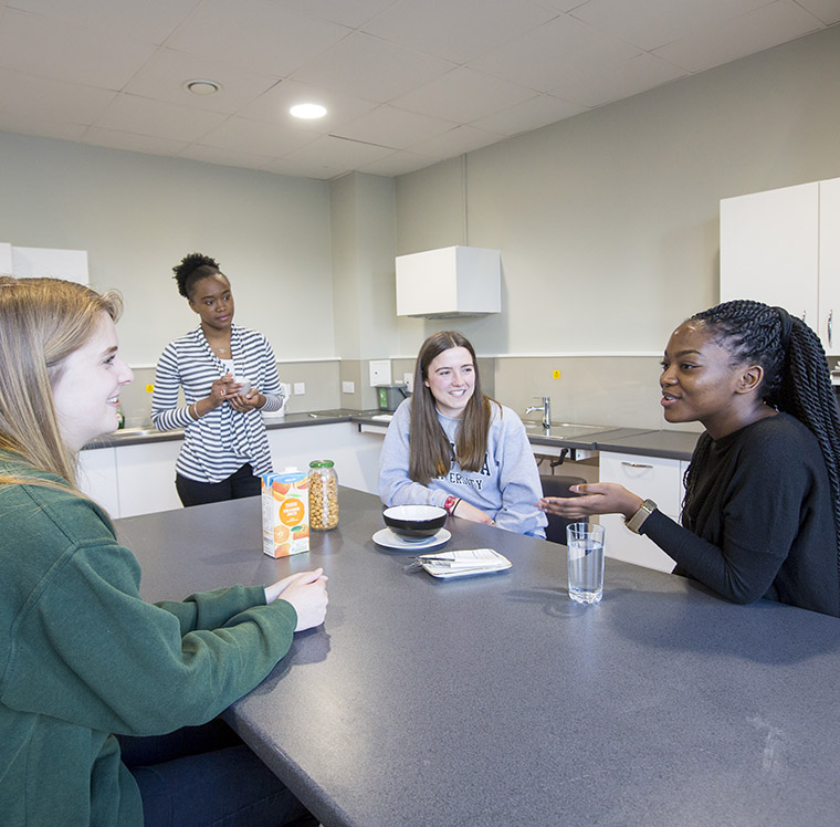Students having a cup of tea in the Emlyn kitchen