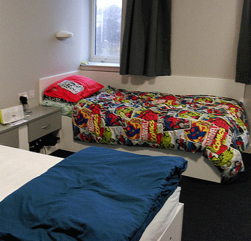Photograph of a twin/shared ensuite room on the Bay Campus