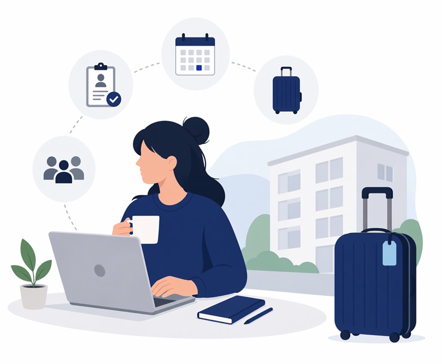 Student preparing for arrival using a laptop, with icons showing checklist, calendar, and suitcase.