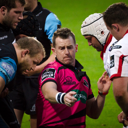 A picture of Nigel Owens officiating Ulster v Glasgow Warriors (October 2014)