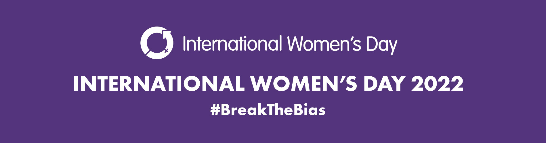 Purple International Women's Day banner featuring Break the bias hashtag
