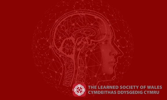 red background with a human head outline with the caption underneath 'the learned society of wales'