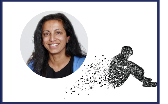 Professor Ann John, Swansea University. Circular headshot with an outline of a child dissolving into black pieces.