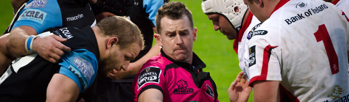 A photo of Nigel Owens officiating Ulster v Glasgow Warriors in October 2014.