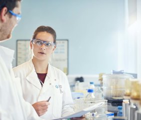 Two researchers discuss their experiment in a lab. 