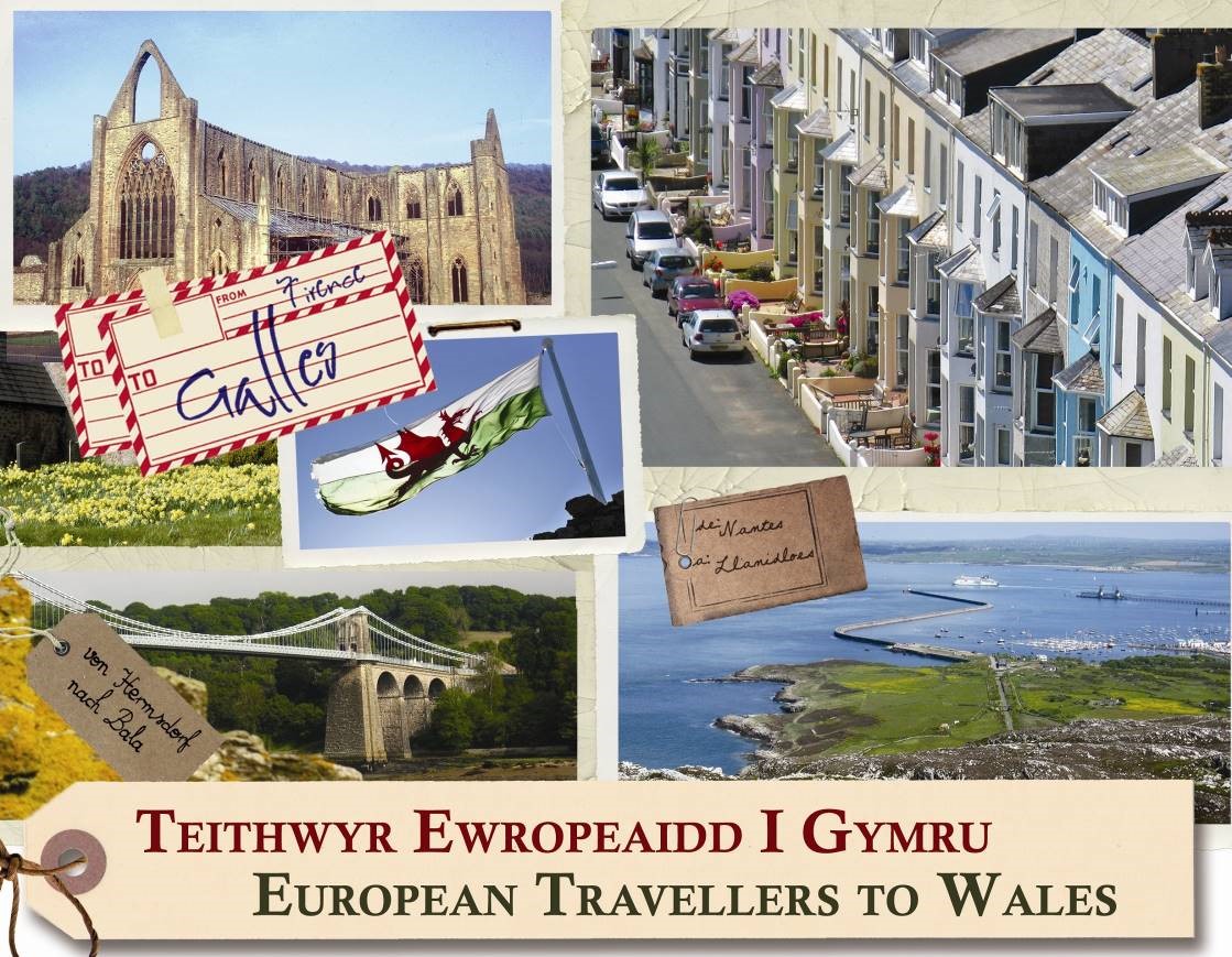 Postcard featuring various images of Wales including Tintern Abbey and a row of colourful houses. 