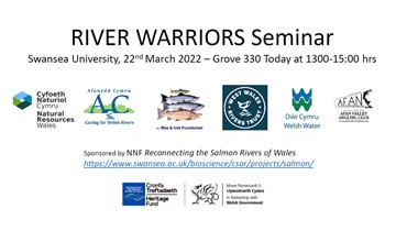 River Warriors agenda showing all logos from sponsors NNF Reconnecting the Salmon Rivers of Wales and participants: The Rivers Trusts of Wales, Natural Resources Wales