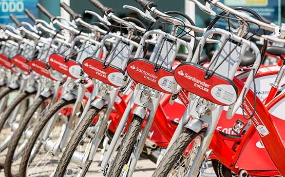 The Santander Bikes in rows ready for their summer launch 
