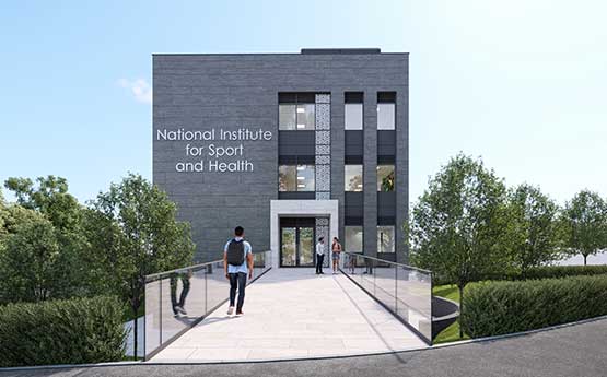 A CGI image of the entrance to Swansea University's new NISH building at Sketty Lane, Swansea.