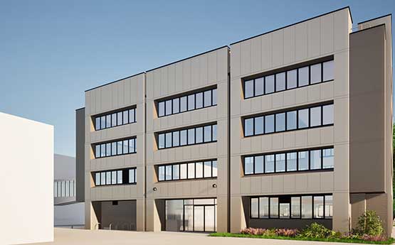 A CGI image showing the proposed external facade of the Margam Building on Singleton Campus - showing blue skies and rows of windows on a clean and modern building facade.