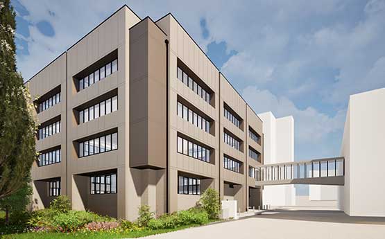 A CGI image showing the south elevation of the Margam Building with blue skies in the background and grass and flowers in the foreground