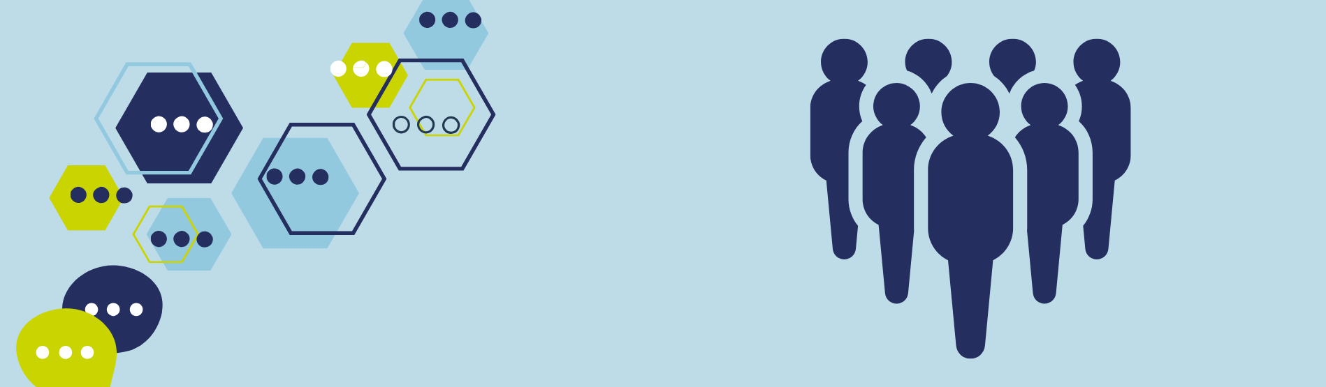 A blue banner with some speech bubbles and an icon of a group of people