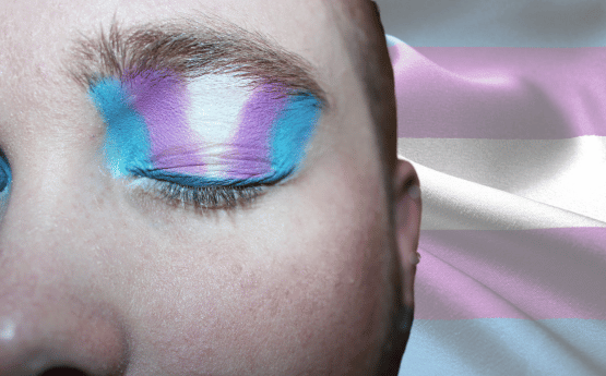 A close up of a person with purple, blue and white eyeshadow in front of a Transgender flag.