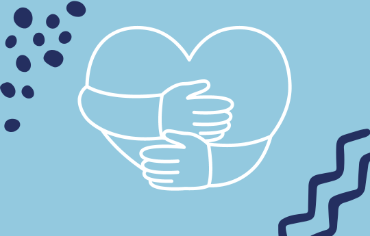 Light blue background with the white outline of a heart being hugged. In the top left and bottom right corners, there are dark blue drawings of dots and lines as part of a design pattern for the page. 