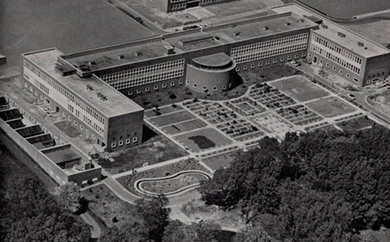 An aerial shot of Natural Sciences and the botanical gardens in the 1960s. 