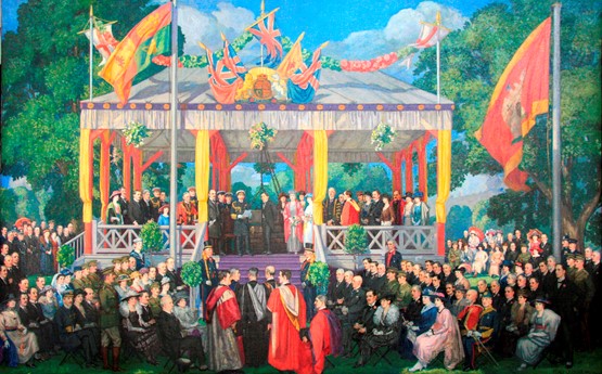 Laying of the Foundation Stone of the University College of Swansea (now Swansea University). Painted by Percy Gleaves, 1920-1925