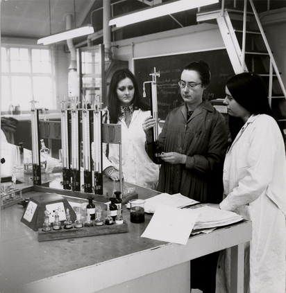 three women in science lab