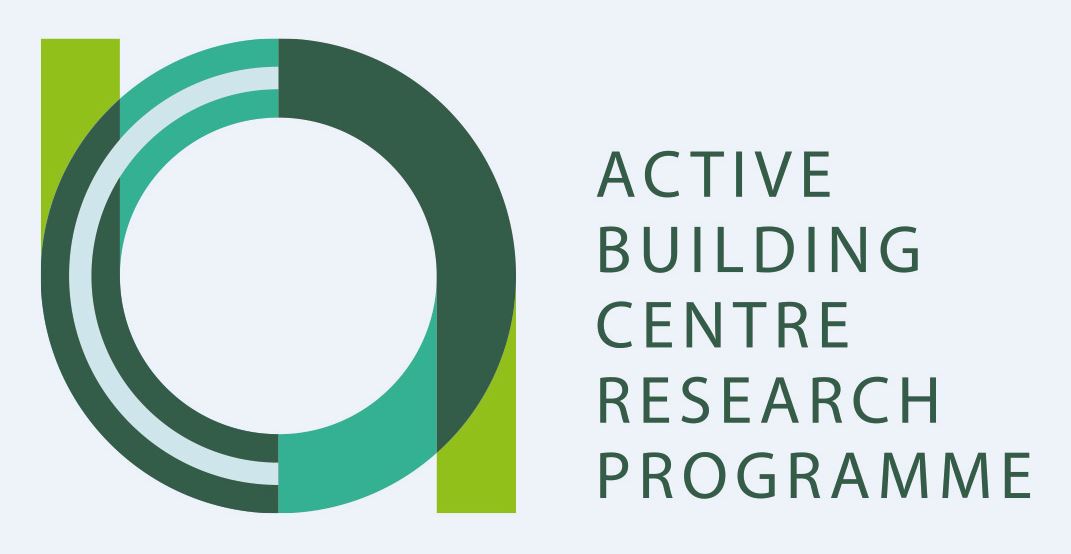 Blue and green logo with the words Active Building Centre Research Programme