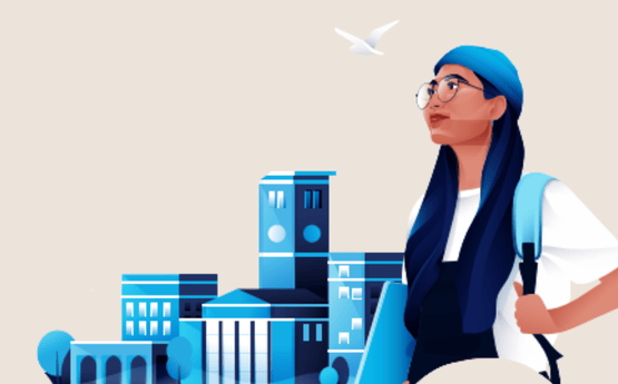 Illustration of a student with a backpack and a laptop