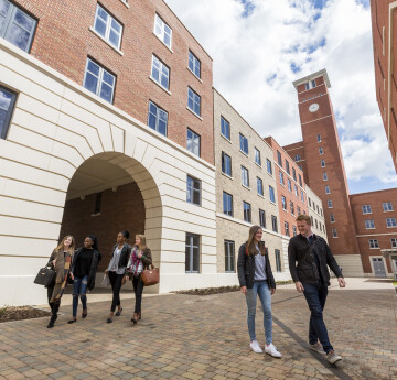 students walking around the Bay Campus accommodation