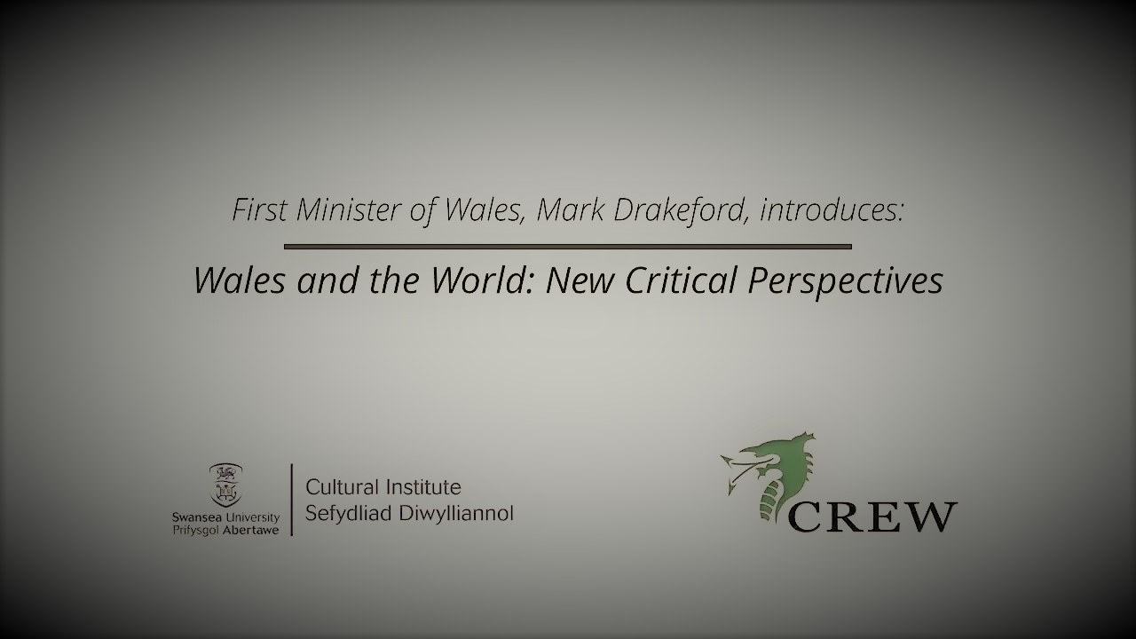 Title slide of the event showing logos of CREW and the Cultural Institute at Swansea University
