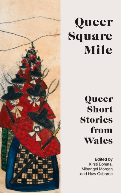 book cover of queer square mile with figures in traditional women's costumes, mustaches and pitchforks