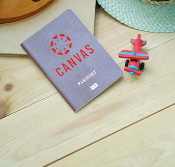 pasbort gyda logo'r cynfas arno