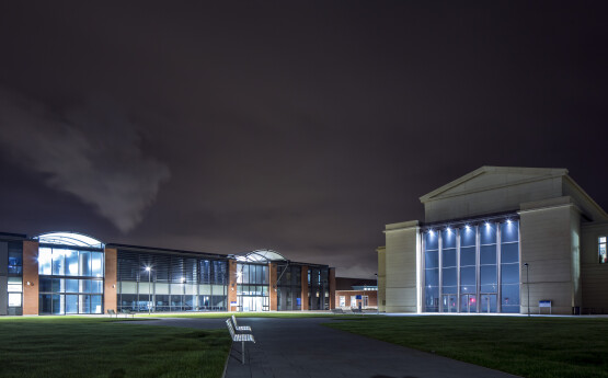 Engineering building lit up at night