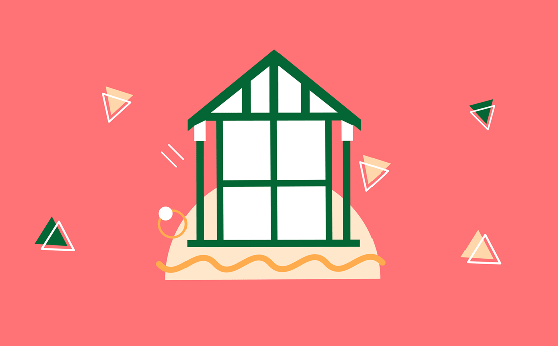 Beach hut graphic with triangle icons