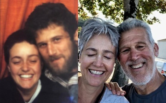 A split image of Jane and Tony. The image on the left was taken in a photo booth in 1978 and the image on the right is a selfie taken in 2020. Jane's eyes are closed and both are smiling.