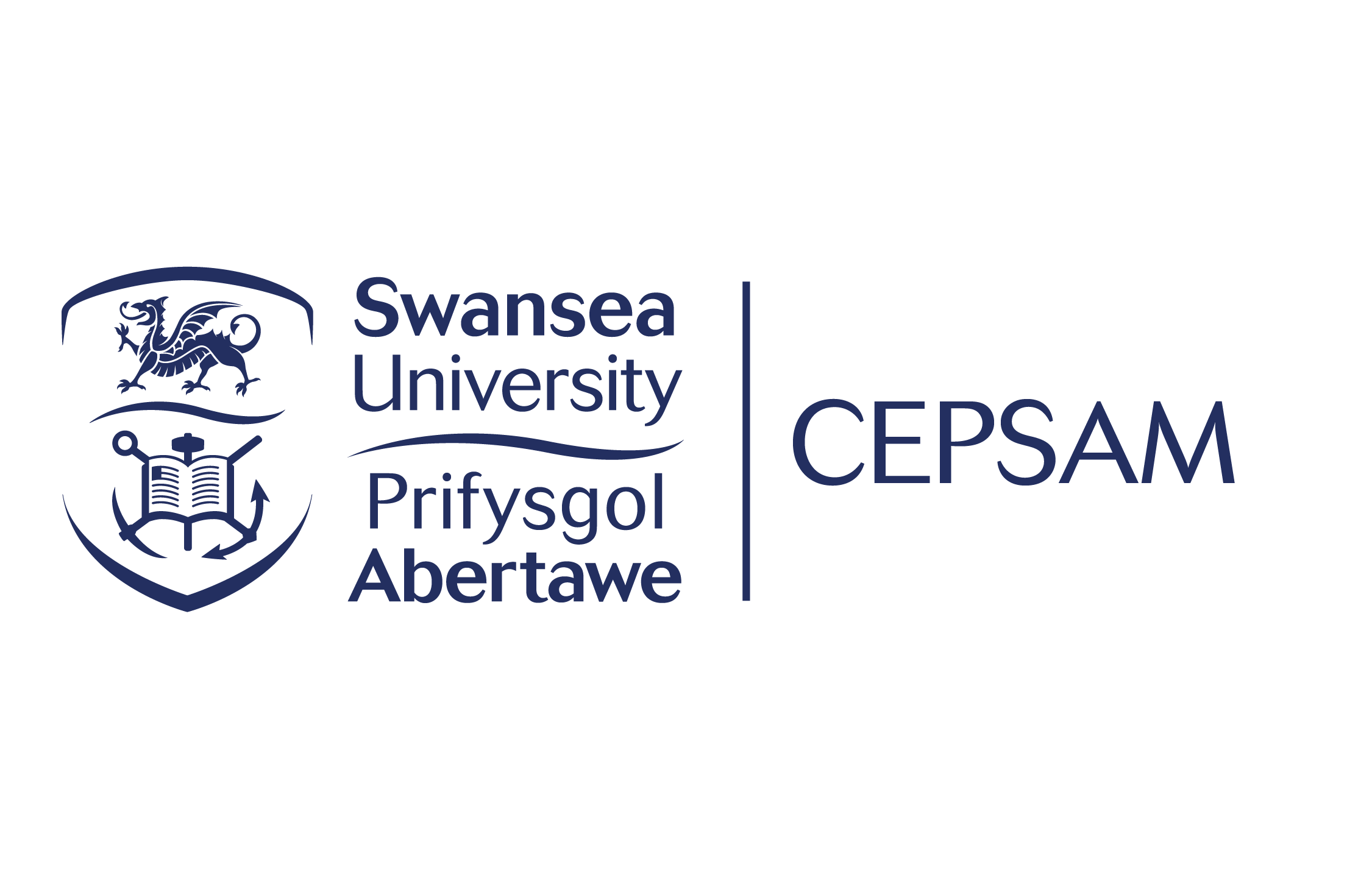Logo CEPSAM, sydd yn cynnwys yr acronym wrth ymyl logo swyddogol Prifysgol Abertawe.