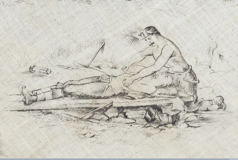 Depiction of a miner carrying another injured miner on a stretcher. 