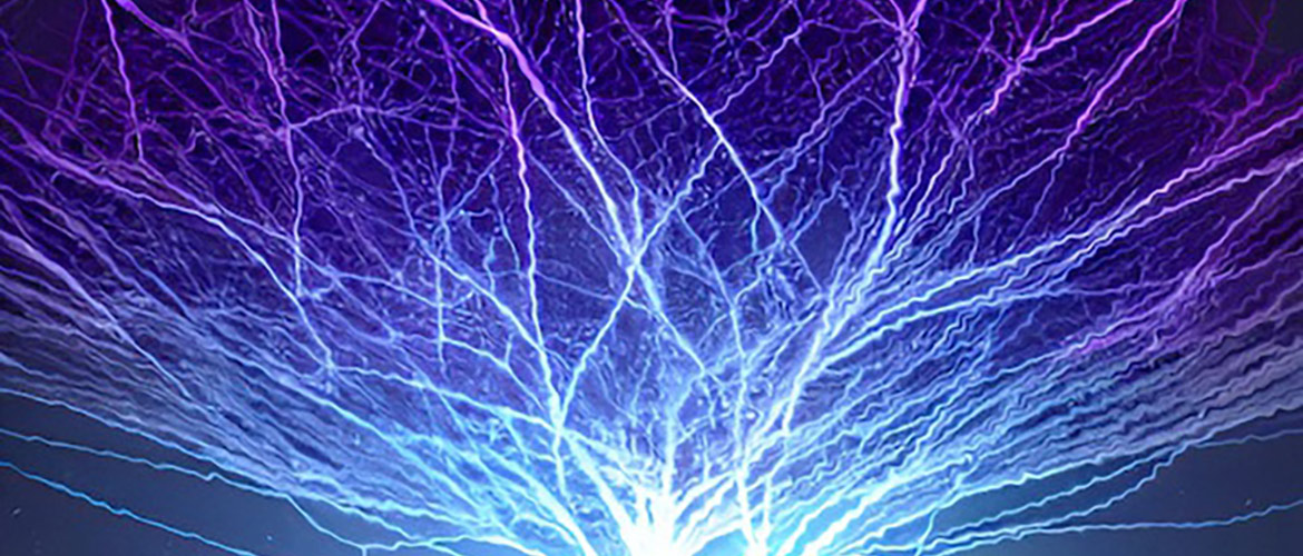 Graphic with blue, purple and white strands