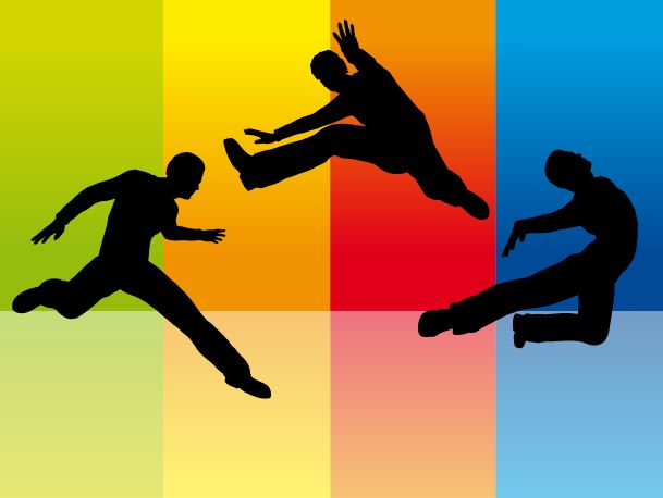 multicoloured background with three black silhouettes of men jumping in different poses