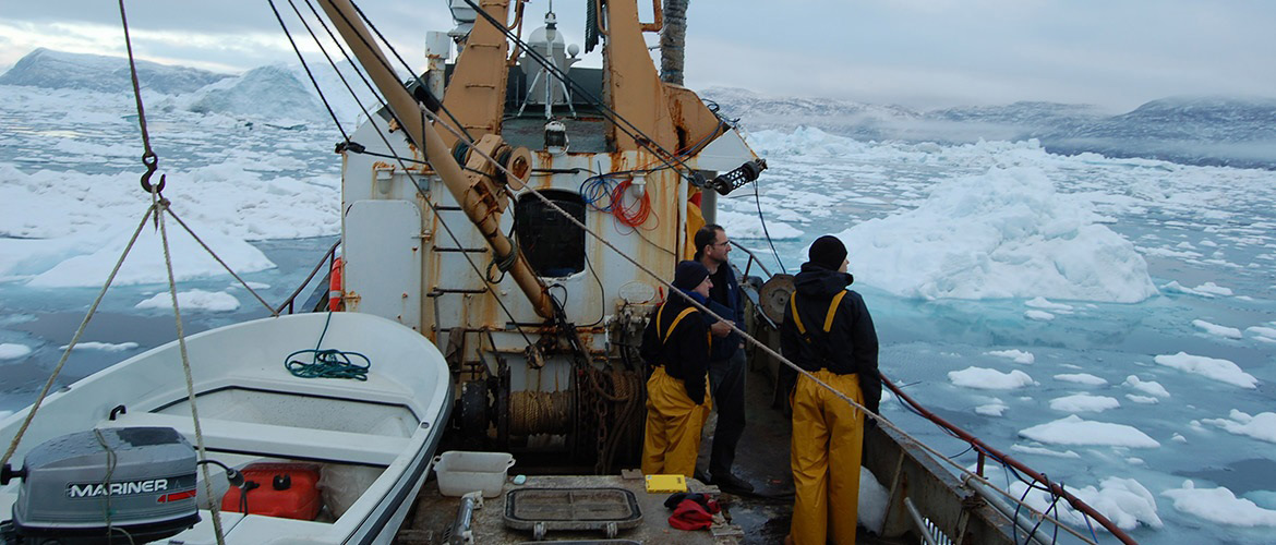 Glaciology research group on a boat