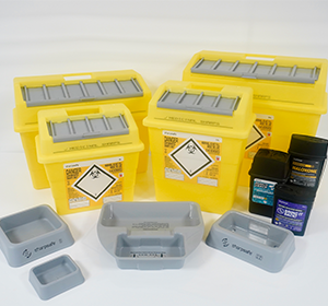 Yellow edical Sharps bin manufactured with recycled content. 