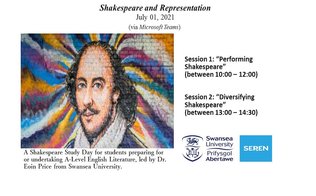 Poster y digwyddiad a phortread o Shakespeare