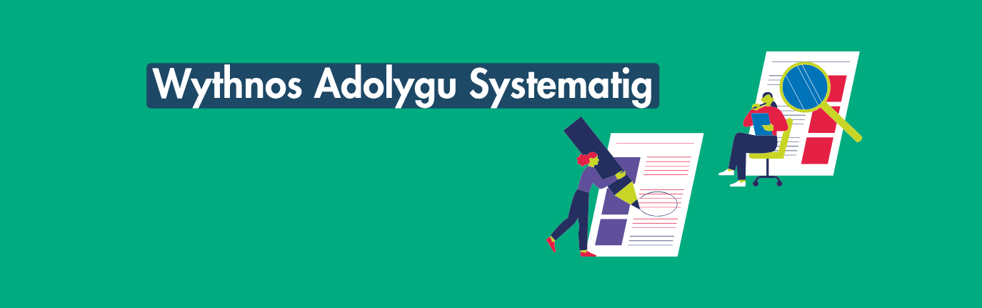 Green graphic with the text 'Systematic Review Week' and illustrations of people reviewing and editing documents.