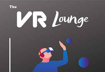 Cefndir llwyd gyda thestun gwyn yn darllen 'VR Lounge'