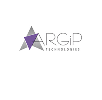  Logo ARGiP Technologies llwyd a phorffor ar gefndir gwyn