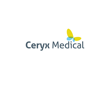 Logo Ceryx Medical mewn llwyd ar gefndir gwyn