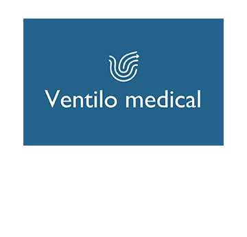 Logo Ventilo mewn gwyn ar gefndir glas