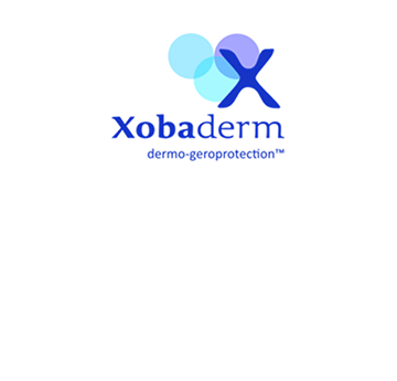 Logo Xobaderm mewn glas a llynges ar gefndir gwyn