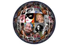 Sffêr wedi'i orchuddio â lluniau o wynebau merched