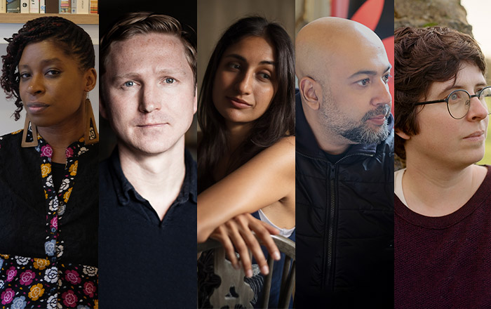 O'r chwith i'r dde: Irenosen Okojie, Joe Dunthorne, Nidhi Zak/Aria Eipe, Prajwal Parajuly, Eley Williams